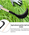 Long Handle Hand Scythe for Weeding and Lawn Care, Manganese Steel Manual Weeding Tool with wooden handle in a grassy area.