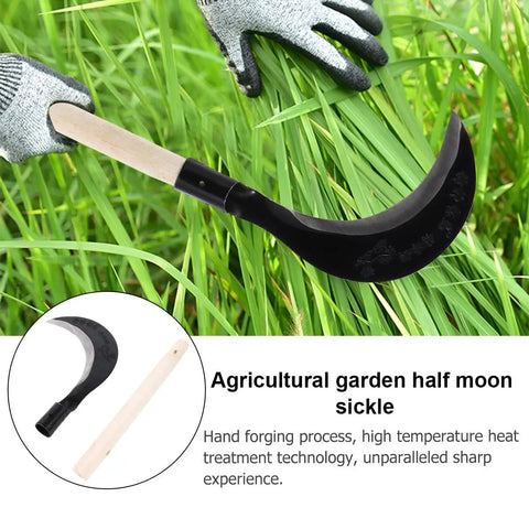 Long Handle Hand Scythe for Weeding and Lawn Care, Manganese Steel Manual Weeding Tool with wooden handle in a grassy area.
