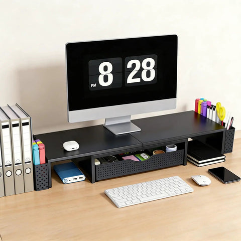 Dual Monitor Stand Riser With Drawer And Pen Holders Desk Organizer And Book Racks For Office Desk Accessories Boss Level Workspace Organizer For Two Monitors In Black, shown with one monitor on desk, books, and stationery items organized.