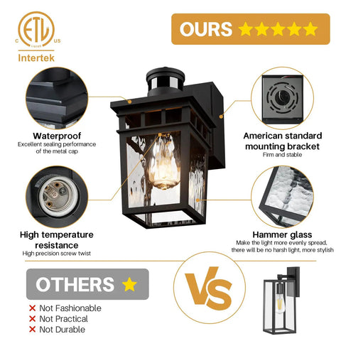 Comparison of outdoor porch light with built-in GFCI outlets, highlighting waterproof design, hammer glass, and mounting bracket.