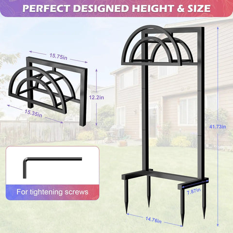 Rugged Tough As Nails Heavy Duty Outdoor Hose Holder Reel With Four Spikes Freestanding Metal Hose Storage Stand For 150 Ft Hose Detachable Yard Garden Rack For Outside Farm Black, dimensions highlighted.