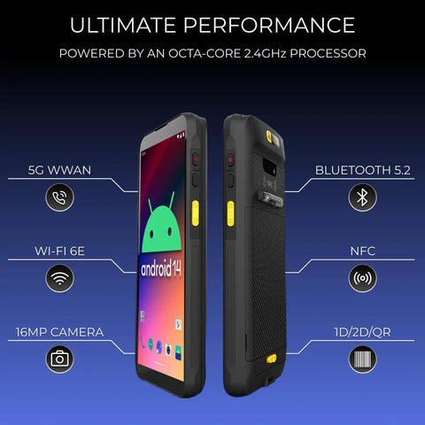 Rugged Android Handheld Barcode Scanner With 2D 1D QR Reading, SE4710, features Android 14, Bluetooth, and WiFi 6 capabilities