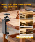 Built Tough Rotating Vise Stand Featuring Rock Solid Grip And 360 Degree Swivel with clamp on wooden desktop.
