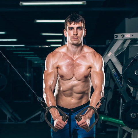 Man using D Handle for Cable Machines Built Tough Aluminum Grip with Non Slip Surface 360 Degree Swivel for Smooth Stable Workouts