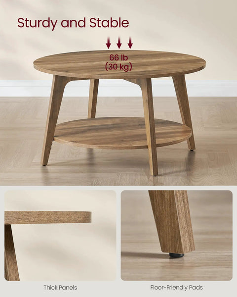 Round Coffee Table With Storage, 2 Tier Center Table, Tapered Legs And Curved Transitions, 31.5 Inch Diameter, wood close-up