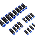 Rock Solid 80 Pcs Pneumatic Tube Connector Kit With PBT Air Hose Fittings And Zinc Alloy Adapters For Push To Connect PE PU PA PVC Nylon Tubing Up To 12mm OD, Perfect For High Pressure Air Line Jobs, assorted black and blue straight fittings