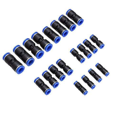 Rock Solid 80 Pcs Pneumatic Tube Connector Kit With PBT Air Hose Fittings And Zinc Alloy Adapters For Push To Connect PE PU PA PVC Nylon Tubing Up To 12mm OD, Perfect For High Pressure Air Line Jobs, assorted black and blue straight fittings