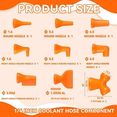 Image of 20 Piece Hose ID Coolant Nozzle Set showing various 1/4 inch nozzles for modular lines, hydraulic machinery, and water cooling systems.
