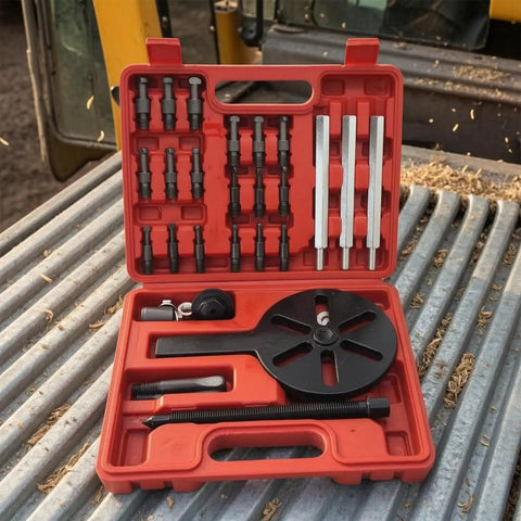 Badass Heavy Duty Universal Bearing Extractor Puller Tool Kit Includes Interchangeable Arms And Rugged Case Perfect For Pro Mechanics And Home Garage To Yank Stuck Bearings Away Without Pain With Strong Central Plates Forcing Screw Auto Tools. red case open with black puller parts