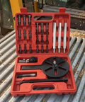 Universal Bearing Extractor Puller Tool Kit With Swappable Parts For Mechanics Removing Stubborn Bushings Includes Steel Build Gray Phosphate Finish With Pulling Hook And Storage Case For Garage Jobs Legit Pro Level Tools, open red case