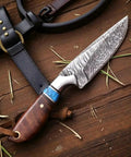 Damascus Cowboy Knife With Rosewood Handle And Leather Pancake Sheath A Fixed Blade Built Tough For Hunting Camping Bushcraft