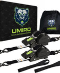 Beefy Heavy Duty 1 Inch By 12 Foot Auto Retracting Ratchet Straps Self Retracting Tie Downs 1760 Pound Break Strength For Truck Trailer Motorcycle ATV UTV Black Green 2 Pack, includes packaging and carrying bag
