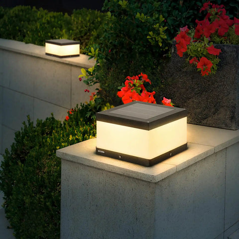 Outdoor Solar Post Cap Light With Warm 3000K LED on fence with flowers, Waterproof IP54 Fence Deck Garden Patio Post Lighting