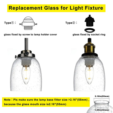 Four Pack Clear Seeded Glass Lamp Shade Replacements For Ceiling Fans Chandeliers Pendant Lights Vanity Lights And Kitchen Island Fixtures Fits Two And One Eighth Inch Fitter 4.76 Inch Diameter 5.47 Inch High showing installation types.