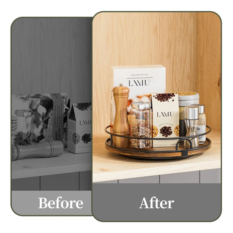 9 Inch Wooden Lazy Susan Turntable Organizer For Cabinets And Kitchen Countertops 360 Degree Rotation with spice jars and cans