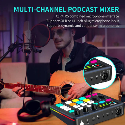 Musician using G1 Gaming Audio Mixer And USB Interface With XLR Microphone, Bluetooth 5.0, RGB Effects, 48V Phantom Power, Voice Changer