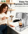 Professional 20 Bar Espresso Machine With Visible Pressure Gauge And Swivel Steam Wand For Silky Milk Foam And Smooth Operator Performance Daily Countertop Coffee Maker in a kitchen setting with a woman holding a latte.