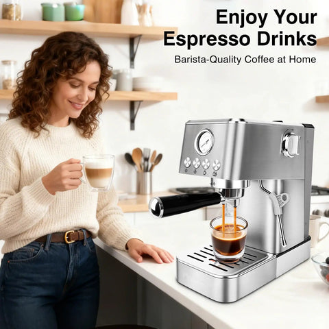 Professional 20 Bar Espresso Machine With Visible Pressure Gauge And Swivel Steam Wand For Silky Milk Foam And Smooth Operator Performance Daily Countertop Coffee Maker in a kitchen setting with a woman holding a latte.