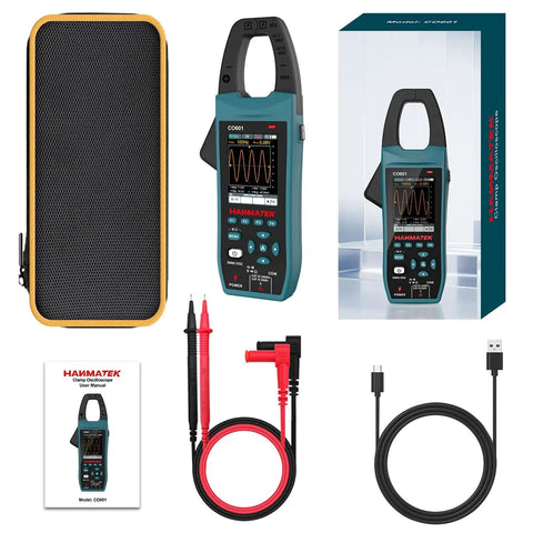 3-In-1 AC/DC Clamp Meter And Oscilloscope For Current And Voltage, Pro Grade with case, cables, and packaging