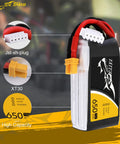650mAh 4S1P 75C 14.8V LiPo Battery With XT30 Plug For RC Drones And FPV Racing, shown with connectors and dimensions