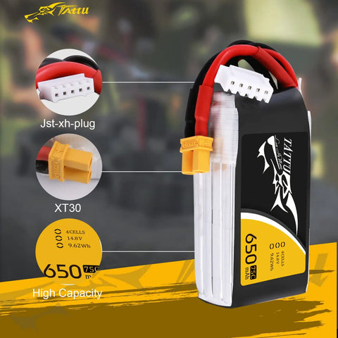 650mAh 4S1P 75C 14.8V LiPo Battery With XT30 Plug For RC Drones And FPV Racing, shown with connectors and dimensions