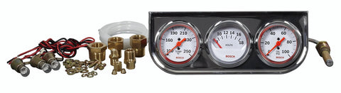 Front view of Bosch Style Line 2-inch triple gauge kit with white dials and chrome bezels; wiring harness and brass fittings.