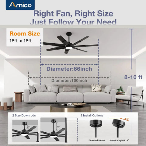 66 Inch Black Ceiling Fan With Lights And Remote 6 Speed Reversible DC Motor 3 CCT Dimmable Quiet With Timer Energy Efficient Modern Ceiling Fan For Living Room And Outdoor Use in a 18x18 ft room setup
