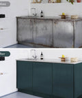 Before and after view of kitchen cabinets with Stainless Steel Look Peel And Stick Contact Paper Dark Green Waterproof Metallic Wallpaper