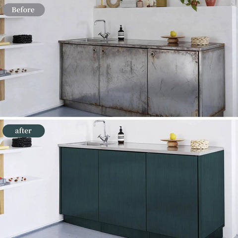 Before and after view of kitchen cabinets with Stainless Steel Look Peel And Stick Contact Paper Dark Green Waterproof Metallic Wallpaper