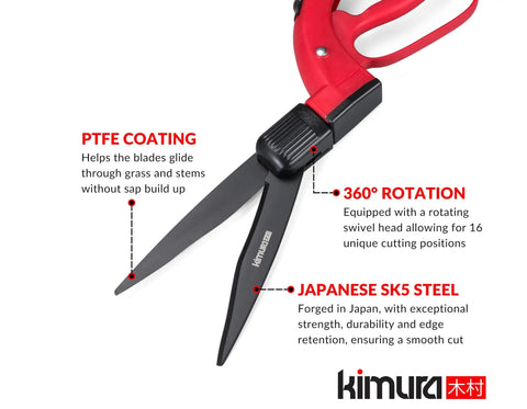 Pro Grass Shears With 360 Degree Rotating Head, Sharp Japanese SK5 Steel Blades For Edging And Trimming, red design.