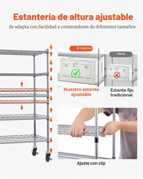 Smooth Rolling Five Tier Heavy Duty Steel Shelving Cart With Sixteen Polypropylene Storage Bins And Clear Label Slots adjusting height with different containers.