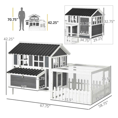 Dimensions of Spacious Outdoor Chicken Coop With Run For 1 To 2 Chickens, Weatherproof Hen House With Nesting Box And Removable Tray, Elevated Design, Built Tough Gray Wood