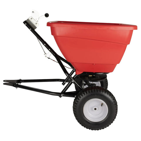 Tow Behind 150Lb Broadcast Spreader For Fertilizer And Seed With Easy Flow Control Adjustable Settings Non Skid Tires