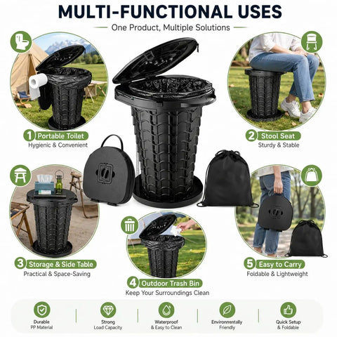 Rugged Yet Foldable Portable Toilet For Adults, Extra Wide Seat Trail Potty With Secure Bags And Grippy Handle, 18.7 Inch Tall Collapsible Campsite Commode For Hiking Rv And Weekend Warriors