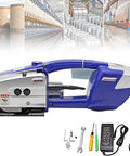 Powerful Portable Electric Strapping Machine With Battery Power For Pet Pp Straps, displaying tool with accessories in warehouse setting.