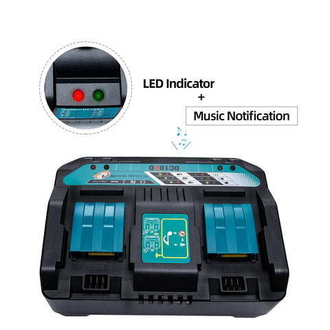 Twin Ports Battery Charger DC18RD with LED indicator and music notification for 14.4V to 18V LXT Lithium Ion Batteries