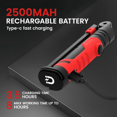 Rechargeable Magnetic LED Work Light 2500mAh Folding Flashlight For Mechanics showing USB-C charging, red and black design