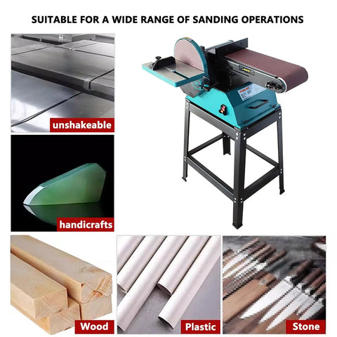 Heavy Hitter Belt Disc Sander With Stand Adjustable Angle Bench Grinder 1200W Motor for sanding wood, metal, and plastic.