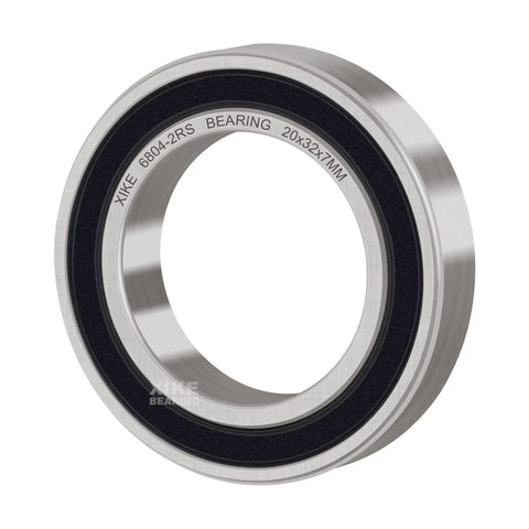 Close-up of a 6804-2RS bearing, 20x32x7mm with double rubber seals, showing chrome steel construction for smooth operation in machinery.