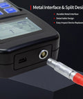 Close-up of Portable Metal Hardness Tester With 170 To 960 HLD Range, featuring metal interface and impact probe connection.