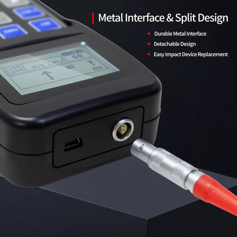 Close-up of Portable Metal Hardness Tester With 170 To 960 HLD Range, featuring metal interface and impact probe connection.