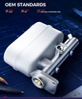 Brake Master Cylinder With Reservoir OE Replacement For 2002 To 2005 Trailblazer, 2002 To 2005 Envoy, 2004 To 2005 Rainier, 2004 To 2006 SSR, 2002 To 2004 Bravada, Easy Bolt On High Performance Aluminum Body Direct Fit Replaces OEM Part M630037, shown from a side angle on a blueprint background.