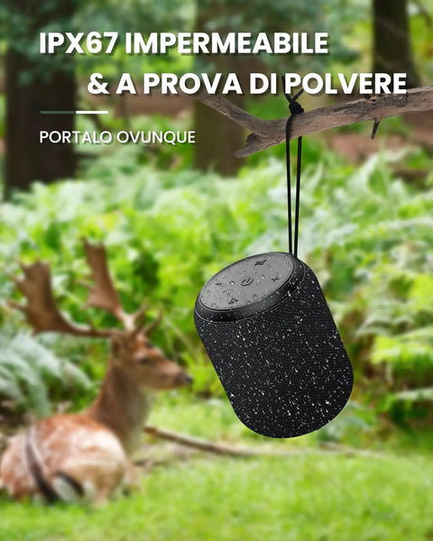 Outdoor view of 15W Portable Bluetooth Speaker With Dual True Wireless Stereo For Party Vibe, Loud Crisp Highs And Deep Bass in forest.