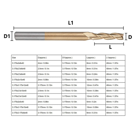 Set of 10 Ti-plated end mills, 3-flute, round shank, for engraving and milling wood, plywood, acrylic, plastic