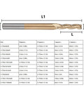 Ti-plated 3-flute end mill with round shank; silver/gold coating shown with a dimension diagram and size table