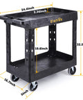 Heavy Duty Plastic Utility Cart With Deep Shelves And Full Swivel Wheels, 34 x 17 Inch 2 Tier Service Cart For Warehouse Garage And Cleaning