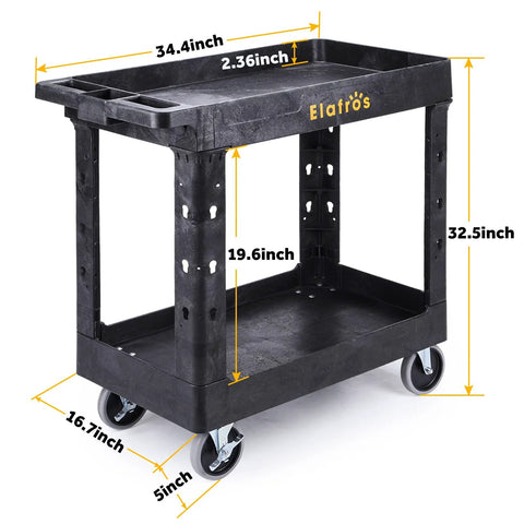 Heavy Duty Plastic Utility Cart With Deep Shelves And Full Swivel Wheels, 34 x 17 Inch 2 Tier Service Cart For Warehouse Garage And Cleaning