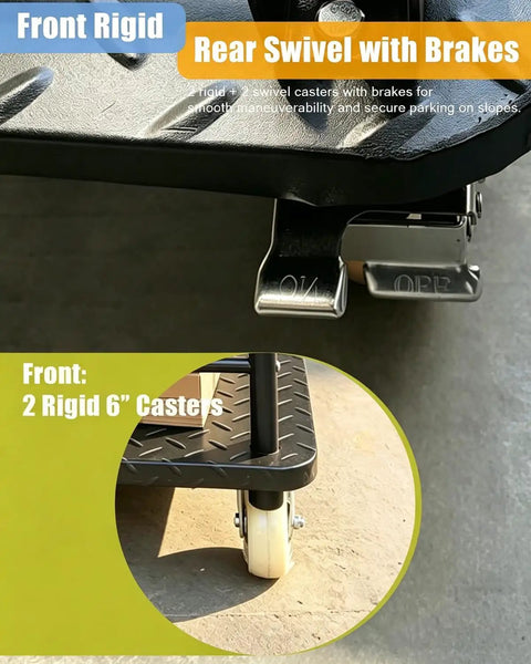 Built Tough Heavy Duty Steel Platform Truck With 2700 Lb Capacity 48 By 24 Inch Industrial Flatbed Cart Alloy Steel Frame Collapsible Handle 360 Degree Swivel Casters Made For Workshop Backyard And Heavy Cargo Logistics front rigid and rear swivel brakes