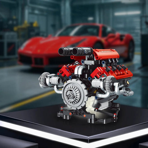 V8 Engine Model Kit With 8 Cylinder Visible Engine, LED Lights, Motor, And App Control displayed on a platform with a car backdrop