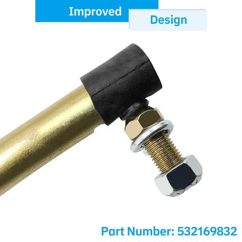 Drag Link For Lawn Tractors Front Steering Replacement 532169832 Fits Craftsman Husqvarna Poulan Jonsered And AYP 42 Inch Or 46 Inch Decks Works With 917 Series LT LTH Models For Reliable Bulletproof Front Axle Alignment. gold steel drag link end with bolt